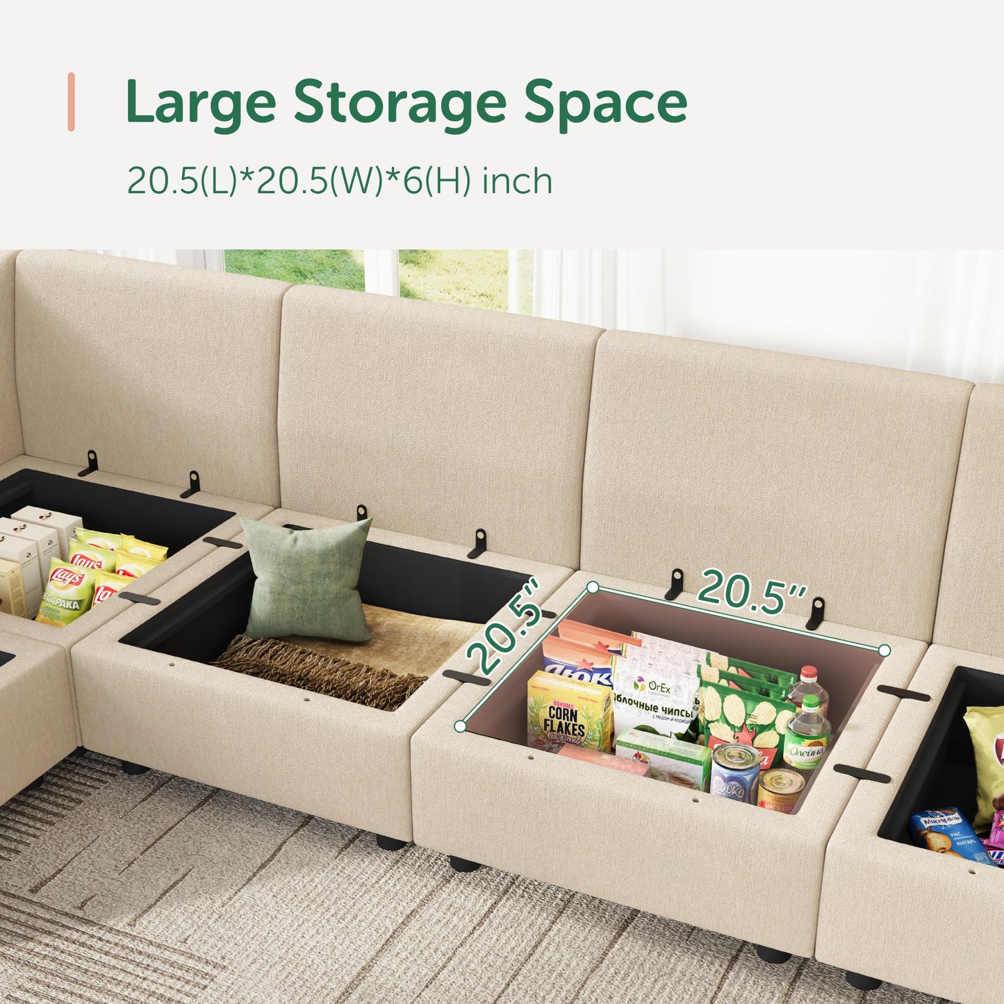 HONBAY Modular Sectional Sofa with Storage, U Shaped Couch Modular Convertible Sectional Couches for Living Room - Beige