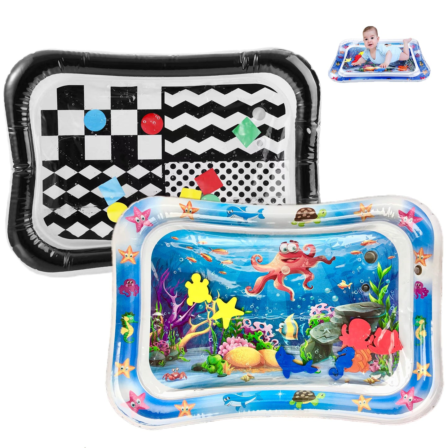 PandaEar 2 Pack Tummy Time Water Mat for Babies Toddlers, Inflatable Tummy Time Pillow Toys Baby Water Play Mats for Floor, Baby Sensory Water Mat for 3 6 9 Months Girls and Boys