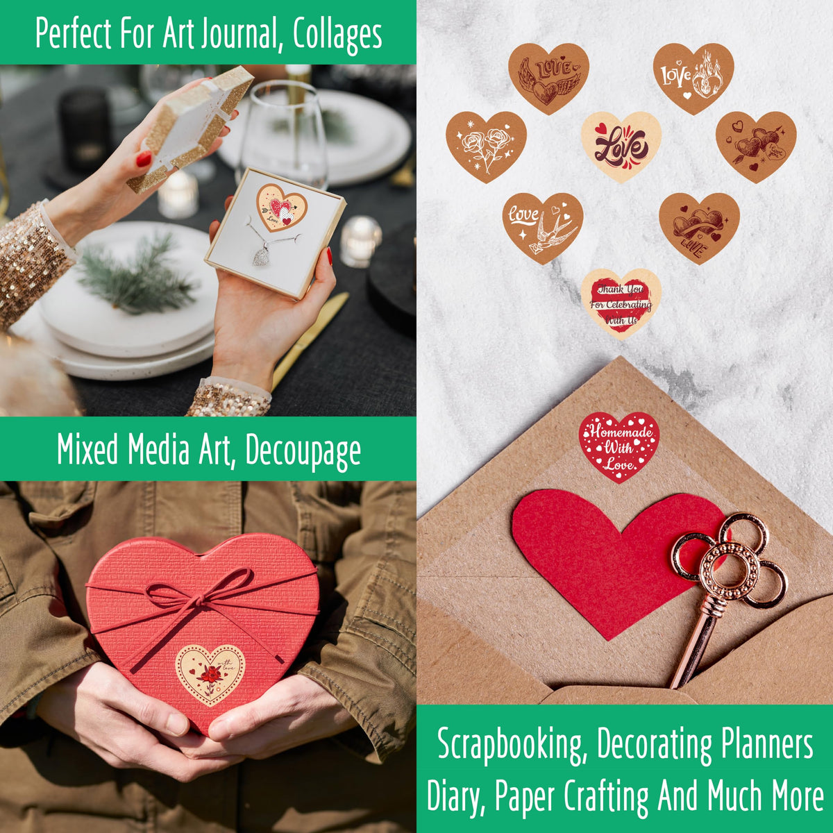 420 PCS Kraft Valentine Stickers, Vibrant Heart Stickers Self-Adhesive Love Decoration Labels, Use for Couple, Valentine's Day, Gifts, Wedding, Anniversary, Scrapbook Decors (15 Sheets)