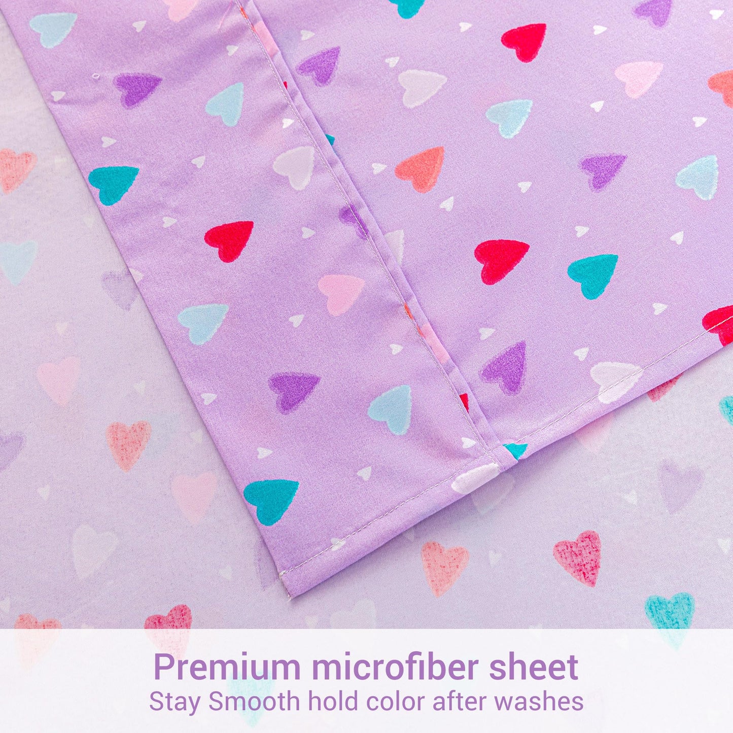 Viviland 3 Pieces Girls Purple Twin Sheet Set - Soft Microfiber Fitted Flat Sheets & Pillowcase - Colorful Hearts Printed Bedding Sets - for Kids & Toddlers