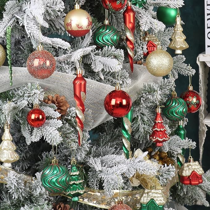 124Ct Red Green and Gold Christmas Ornaments for Tree Set, Shatterproof Assorted Christmas Decorations for Xmas Tree Snowflake Icicle House Ball Ornaments Baubles for Holiday Decor（Red Green Gold）