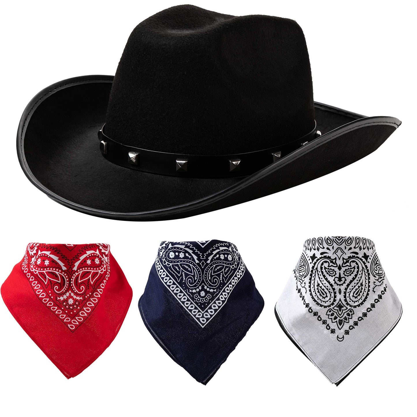 Spooktacular Creations Black Cowboy Hat, Bandanas, and Photo-props for Halloween Costume, Themed Parties, School Play, Trick or Treat