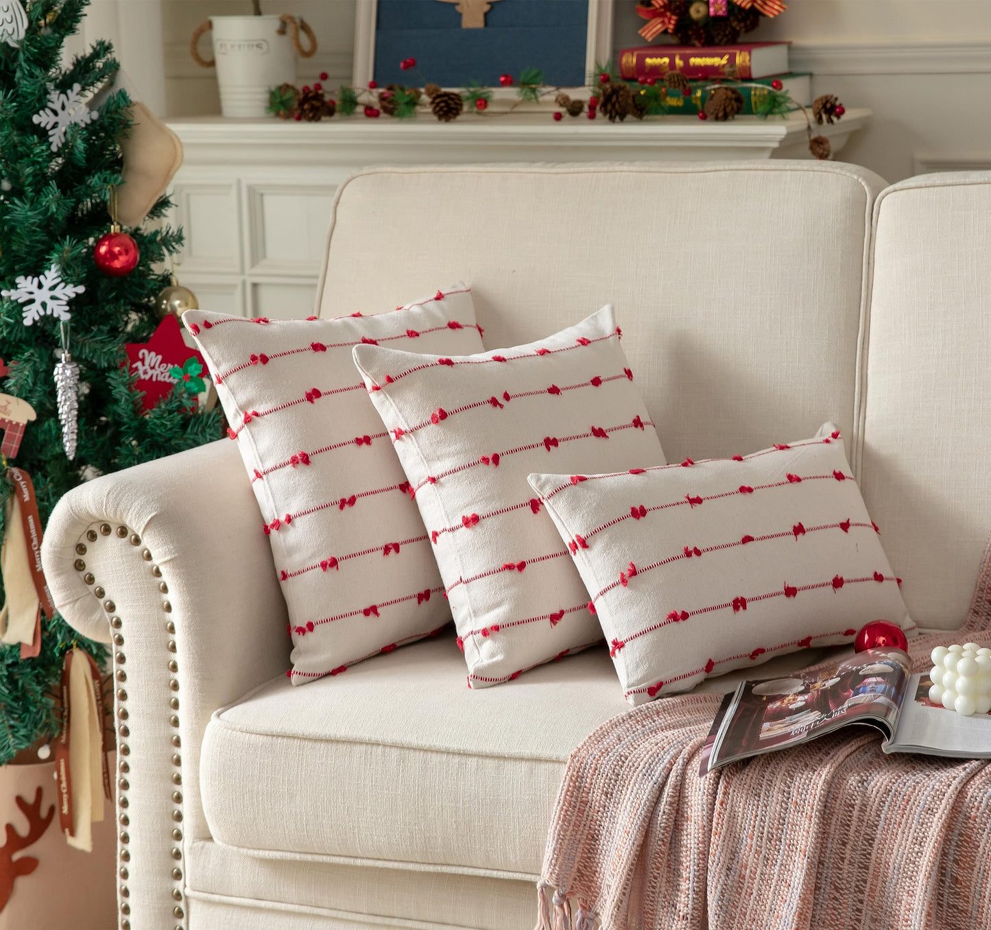 Caflife Boho Christmas Throw Pillow Covers 18x18 inches Beige and Red, Set of 2 Modern Farmhouse Holiday Decorative Pillow Covers for Couch Sofa Bed, Living Room