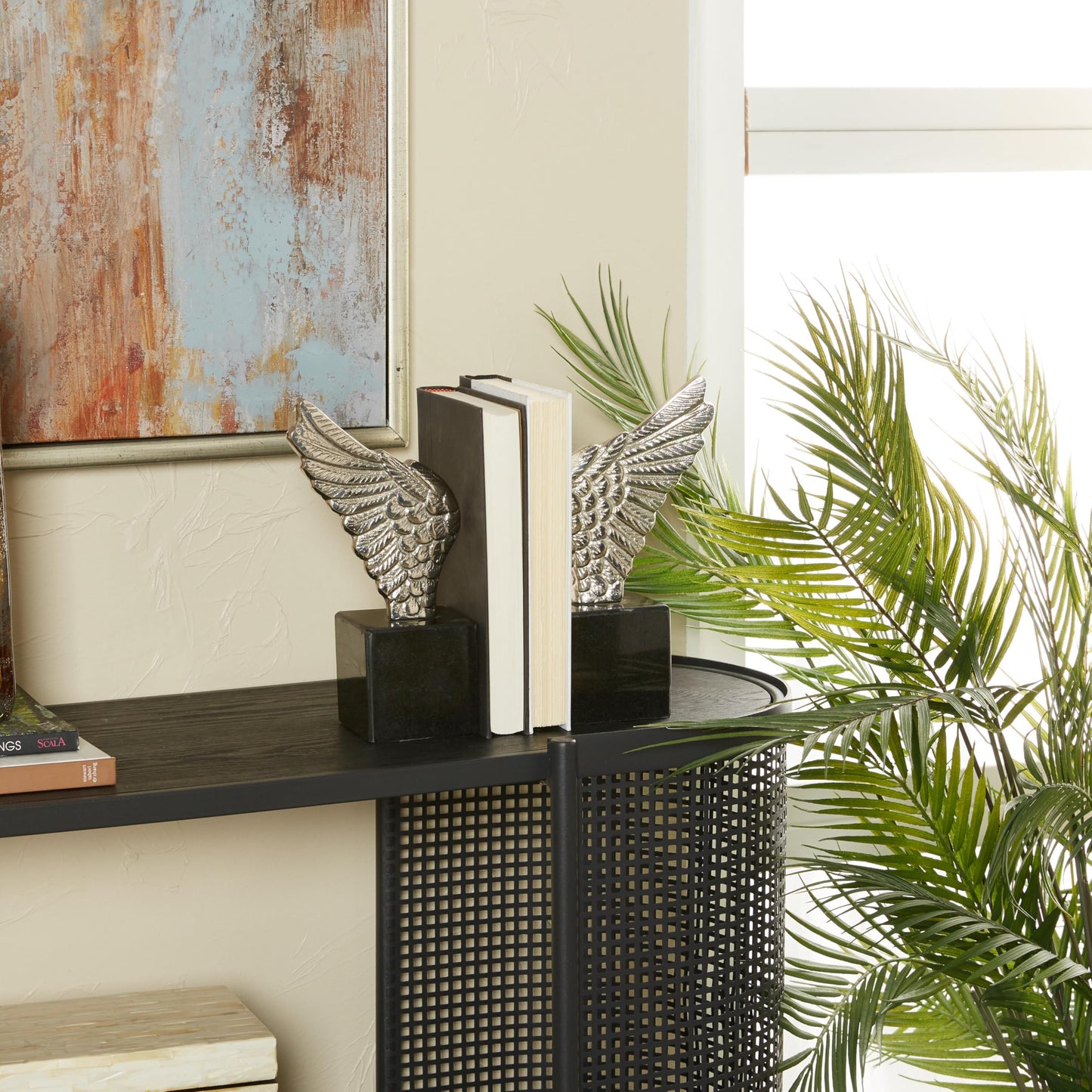 Deco 79 Aluminum Metal Bird Decorative Bookends Wings Non Skid Bookends with Marble Base, Set of 2 Office Bookends5'W, 10'H, Silver