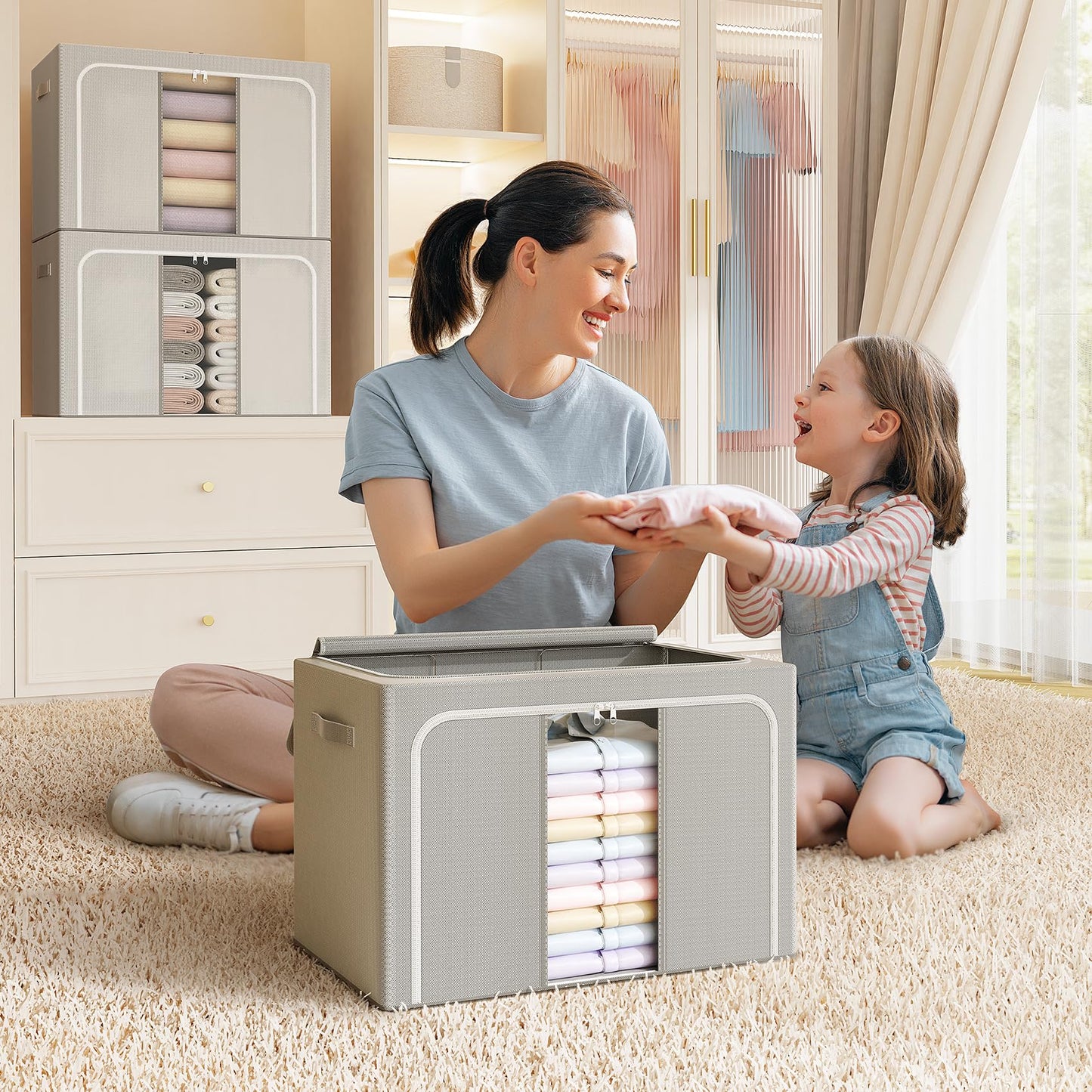 LeArex Clothes Storage Bins with Metal Frame Foldable Storage Box Clothes Organizers Storage Containers for Clothes Sheets Blankets Books Toys Gifts and Holiday Decorations (66Lx3 Pack)