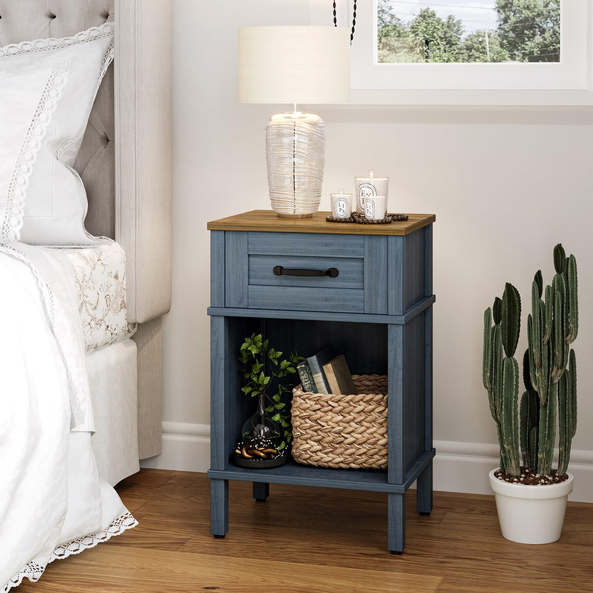 YAUKTAK Small Farmhouse Nightstand, Wood Night Stand Set, End Table with Drawer, Small Rustic Wooden Bedside Table, Bed Side Table for Bedroom, Blue end Table with Storage for Bedroom LET512LR