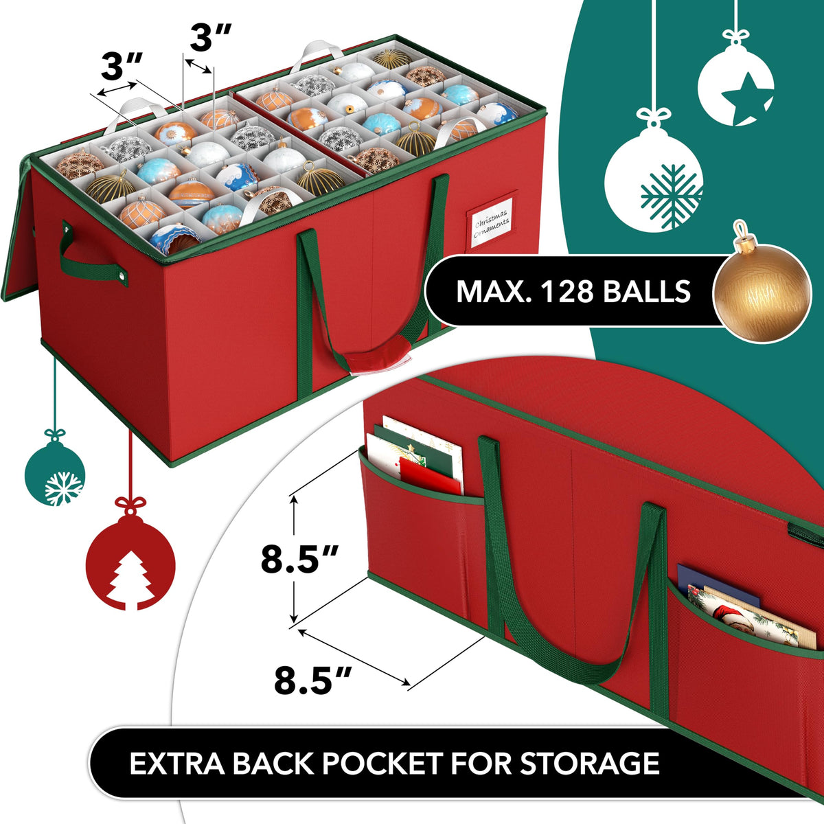 Simple Houseware Heavy-Duty Large Christmas Ornament Storage Box with Adjustable Dividers, Stores up to 128 Ornaments, Zipper Lid, Red