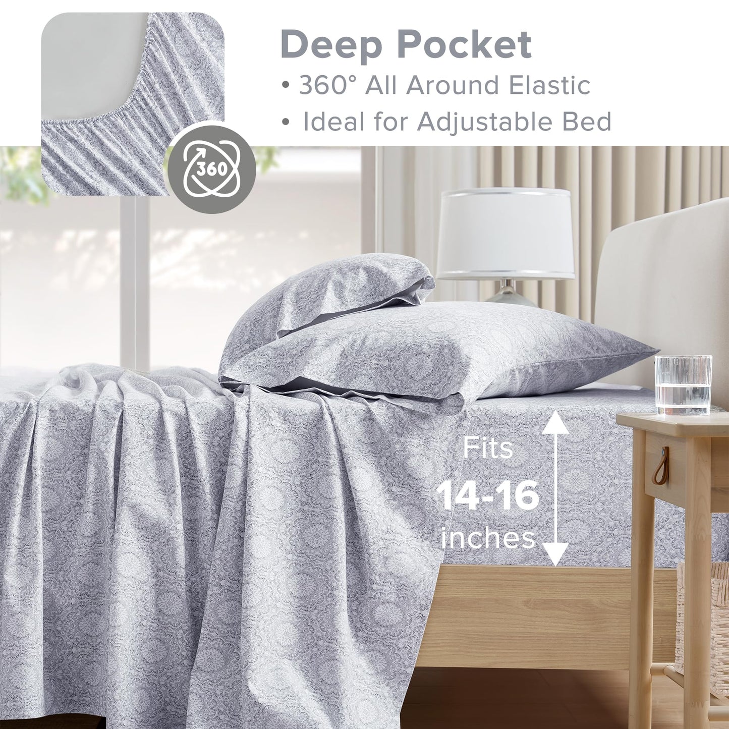 Comfort Spaces 100% Cotton Sheets King, Breathable, Naturally Cool Cotton Sheets, Soft Cotton Bed Sheets with 14" Elastic Pocket Fits up to 16" Mattress, All Seasons Sheet Set, Adelia Gray 4 Piece