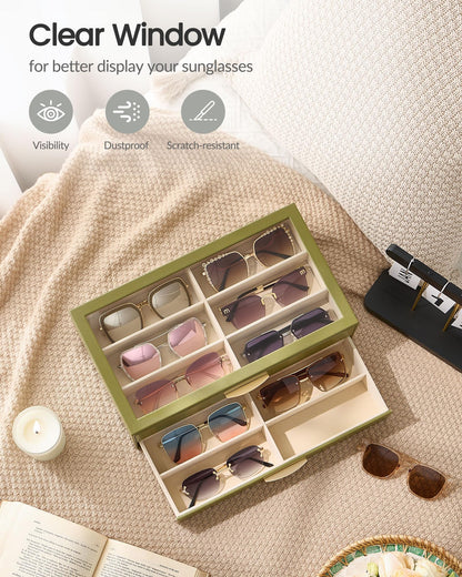 Lolalet 12 Slots Women’s Sunglasses Organizer with Enlarged Compartment, 2-Layer Eyewear Storage Box, Glasses Case Display Holder with Clear Lid for Eyeglass Collection, Mothers Day Gifts -SageGreen