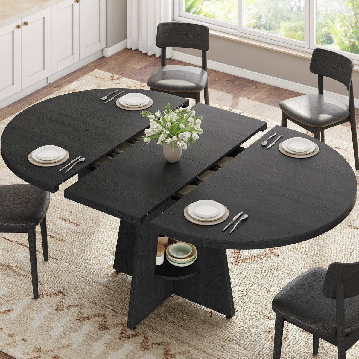 Extendable Dining Table, Round Kitchen Dining Room Dinner Table with for 4 6 8 People, Space Saving Modern Oval Expandale Furniture with Storage and Pedestal for Kitchen Living Room (Black)