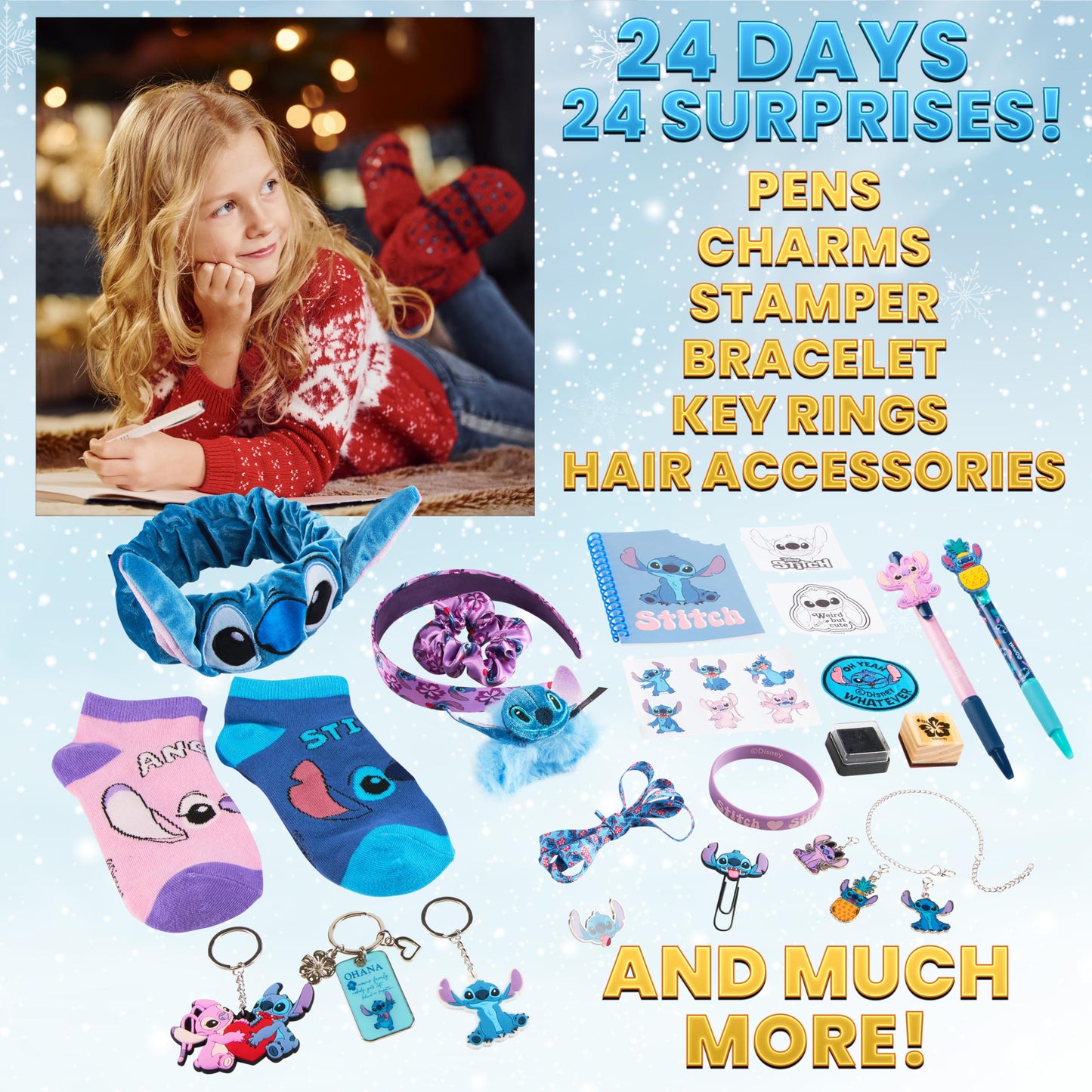 Disney Stitch Advent Calendar 2025 Stationery and Accessories Christmas Countdown Calendar with Necklace Keyring Pen Snap Bracelets Stamps (Purple Stitch Cube)