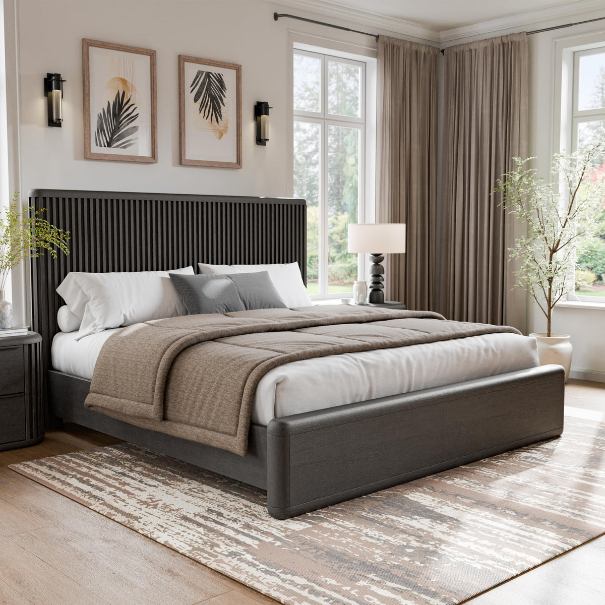 Furniture of America Elizea Modern Contemporary Solid Wood 5-Piece Queen Panel Bedroom Set with USB Ports, Fluted Headboard and Dust-Proof Case, Box Spring Needed, Black