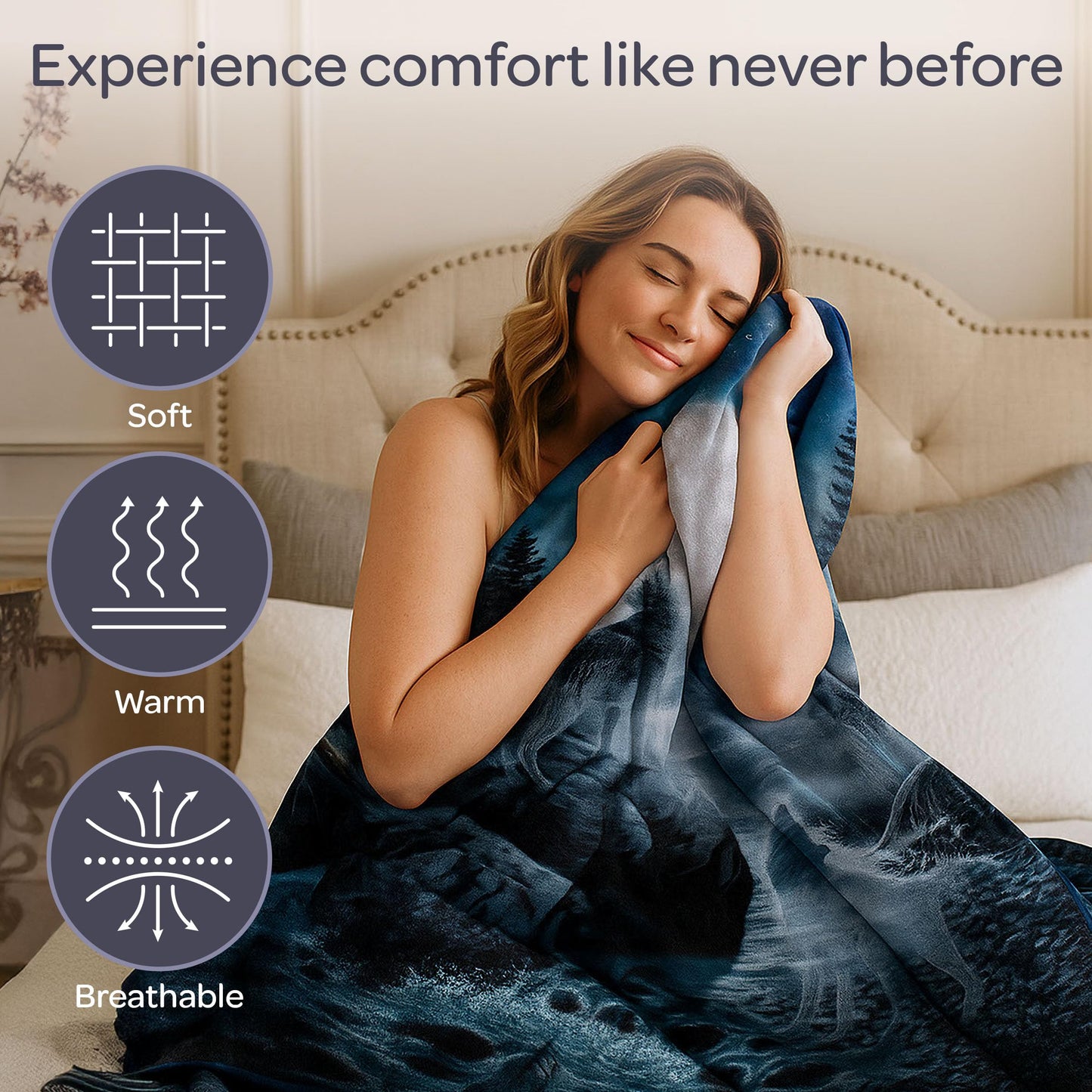 Wolf Blanket - 80x92-Inch Printed Howling Wolf Moon Blanket - Plush Thick 8lb Faux Mink Queen Throw for Couches, Sofas, or Beds by Lavish Home (Blue)