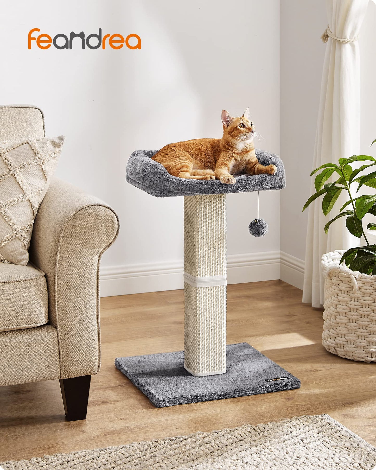 Feandrea Cat Scratching Post, Cat Scratcher with 40 x 30 cm Plush Perch, Cat Tree, 71 cm Tall Scratch Post with Woven Sisal, 45 x 40 cm Base, Pompom, Light Grey