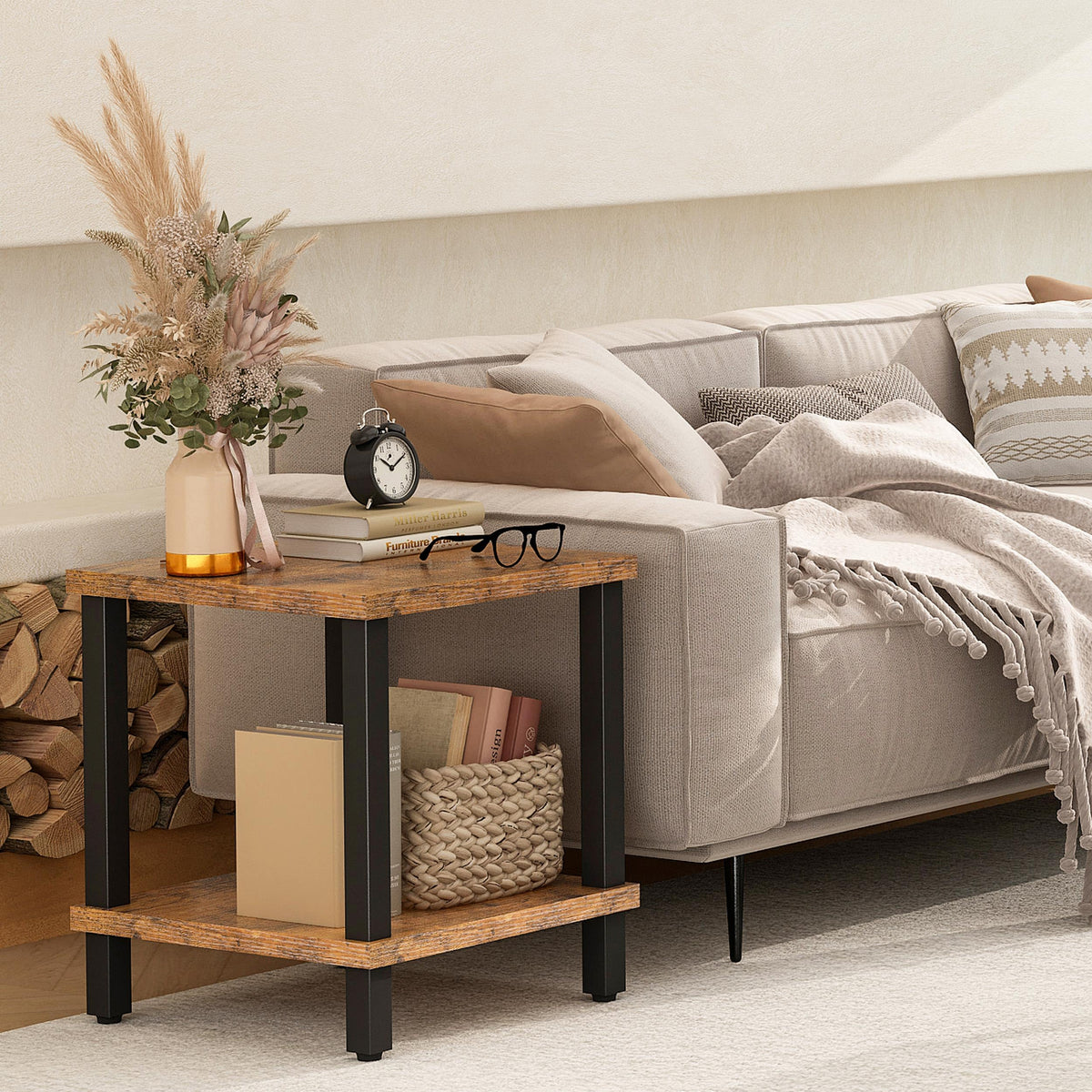 MMEOLUOOK Large End Table Square Side Table Modern Sofa Table 20 Inch Industrial Coffee Table NightStand with 2-Tier Storage Shelf for Living Room Bedroom Rustic Brown MLBZ06R