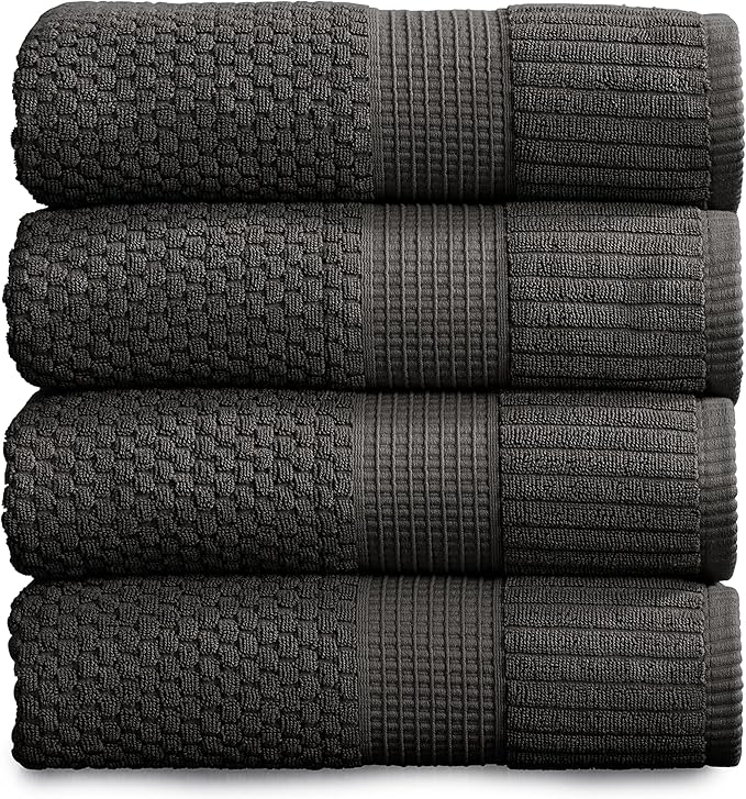 NY Loft 100% Cotton 4 Pack Bath Towels, Dark Grey, OEKO-TEX Certified, Machine