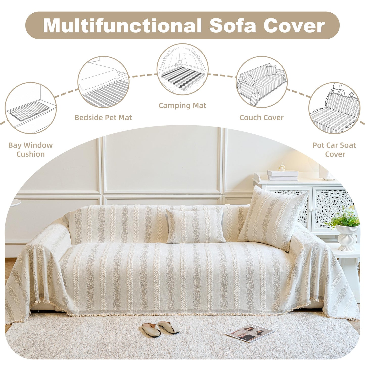 Fuyulacom Couch Cover for Dogs Washable Sofa Cover, Sectional Couch Covers, Sofa Covers for 2 Cushion Couch, Non Slip Stripe Sofa Slipcovers Furniture Protector (Beige, 71x118)