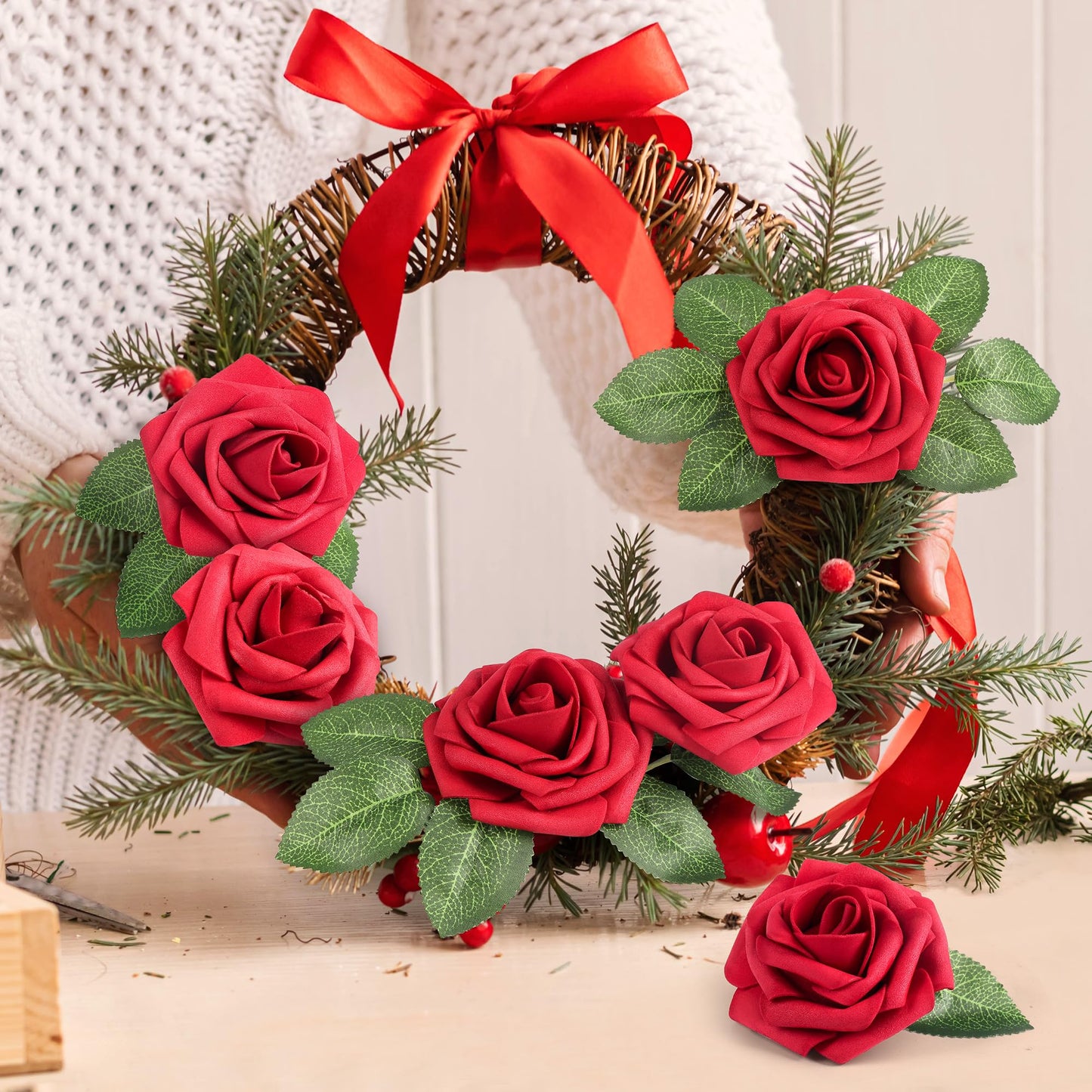 Mocoosy 50Pcs Red Roses Artificial Flowers, Artificial Rose Real Touch Foam Fake Roses Bulk with Stem,Lifelike Rose DIY Craft Flower for Wedding Bridal Bouquet Centerpiece Arrangement Party Home Decor
