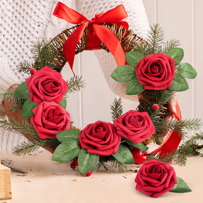 Mocoosy 50Pcs Red Roses Artificial Flowers, Artificial Rose Real Touch Foam Fake Roses Bulk with Stem,Lifelike Rose DIY Craft Flower for Wedding Bridal Bouquet Centerpiece Arrangement Party Home Decor
