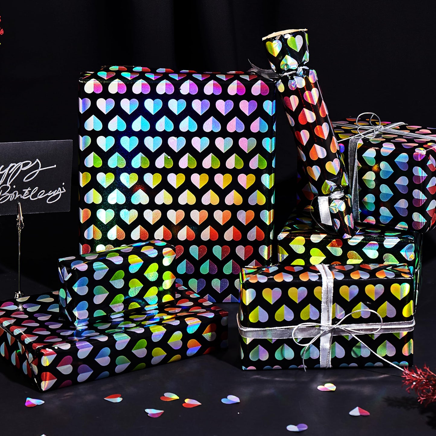 LUVONA Rainbow Heart Wrapping Paper – Black Kraft, Mini Roll 17 inch x 33 feet – Colorful Foil Gift Wrap for Valentine’s, Wedding, Birthday