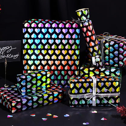 LUVONA Rainbow Heart Wrapping Paper – Black Kraft, Mini Roll 17 inch x 33 feet – Colorful Foil Gift Wrap for Valentine’s, Wedding, Birthday