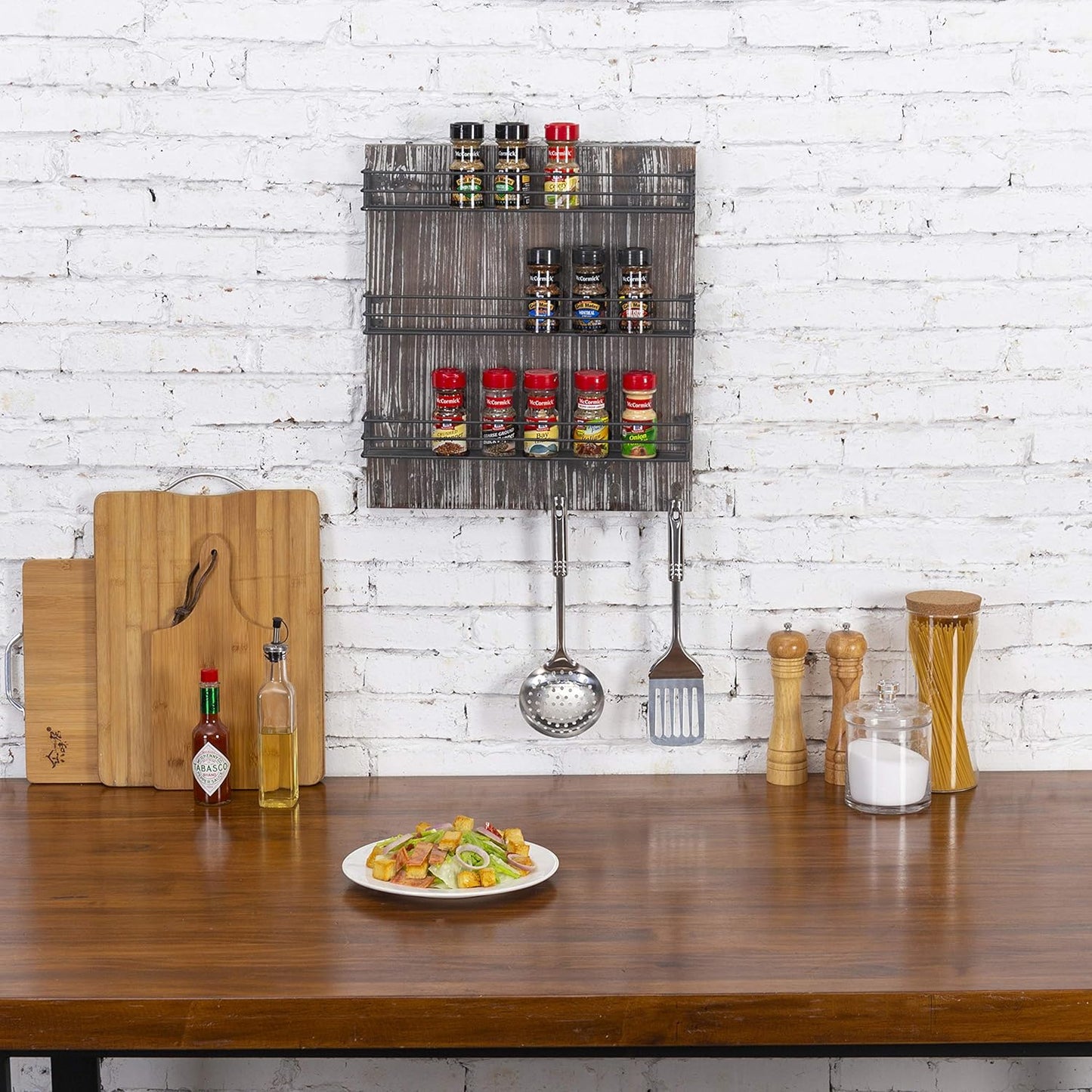 MyGift 3 Tier Black Metal Wire Kitchen Spice Rack Organizer with Torched Wood Wall Mount and 6 Hooks, Seasoning Jars and Hanging Cooking Utensil Rack