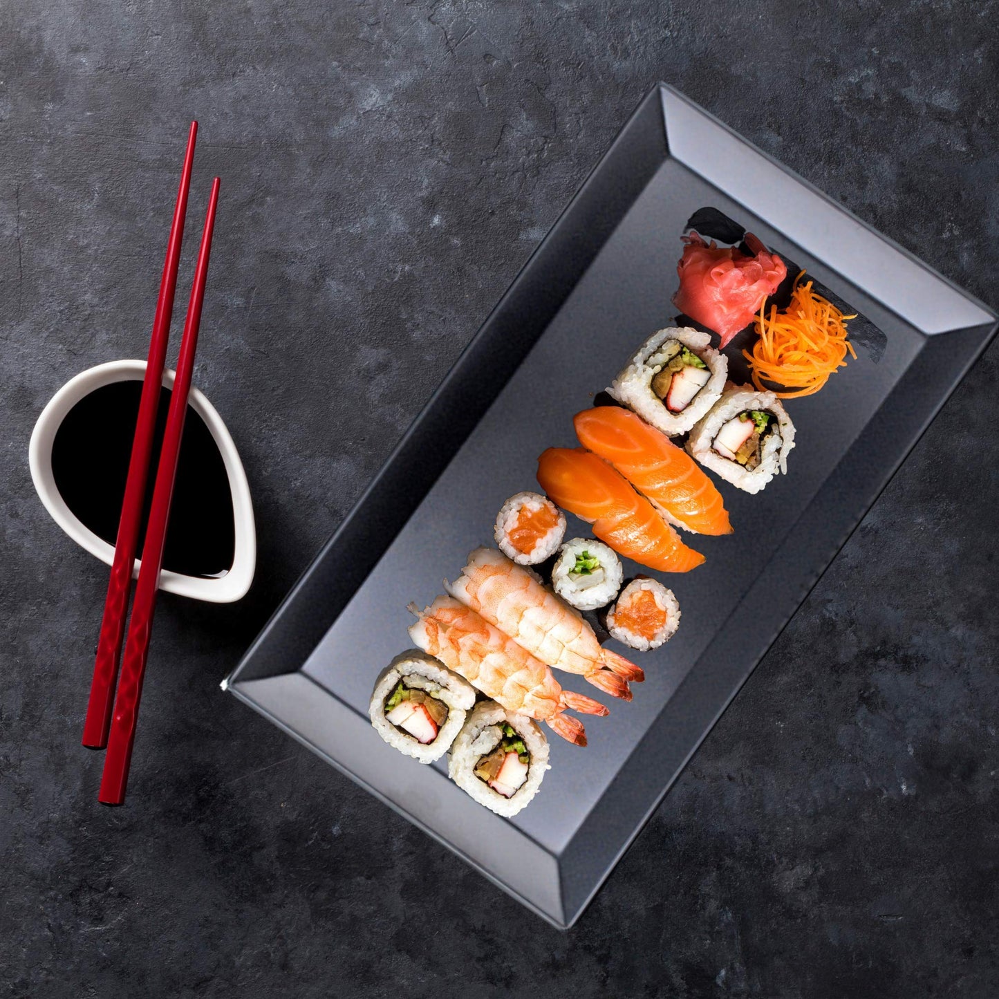 Needzo Melamine Black Rectangle Sushi Plate, Asian Appetizer Dish, Japanese Cuisine Dinnerware, 11 1/4 X 6 1/2 Inches, Set of 2