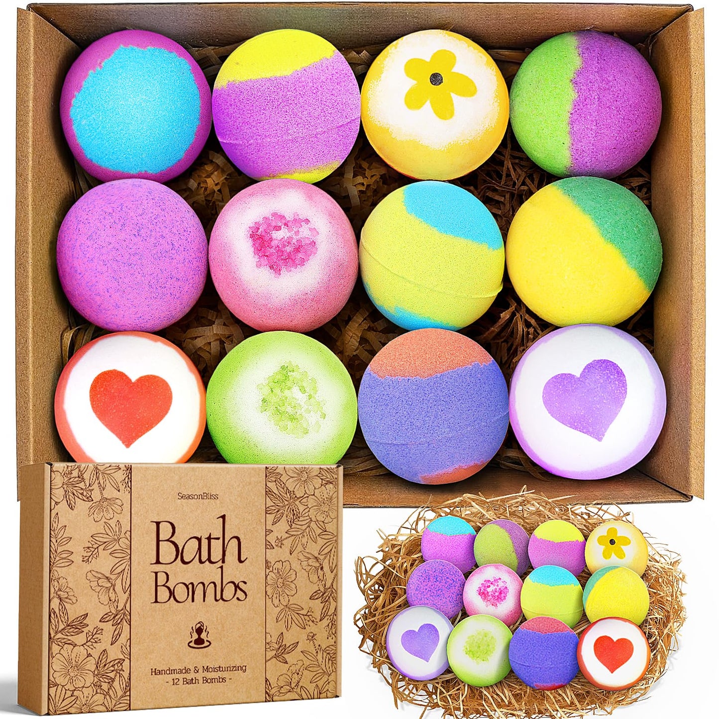 SeasonBliss Bath Bombs for Women, 12 Pack Handmade Bubble Shower Bombs Set, Shea Butter & Individually Wrapped, Present Idea for Her/Him, Wife, Mom Women