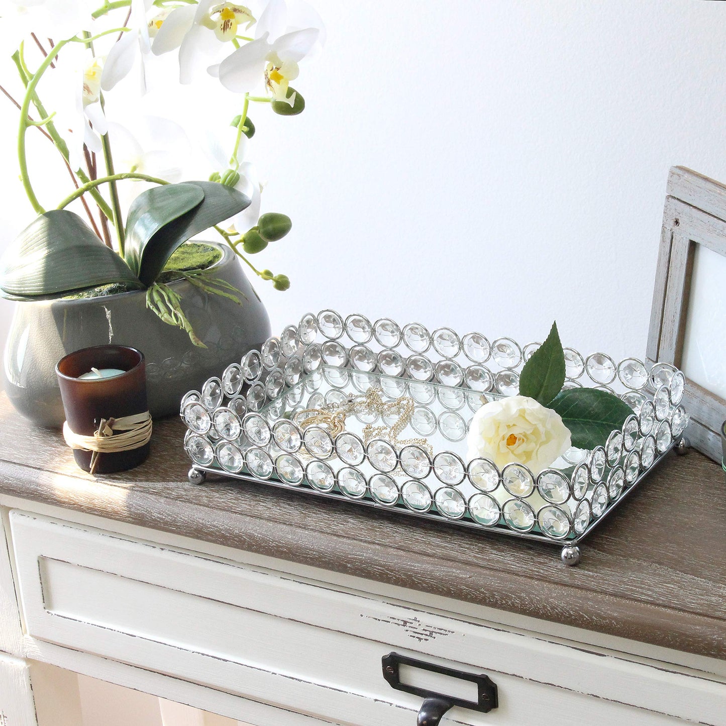 Elegant Designs HG1010-CHR Elipse Crystal Decorative Mirrored Jewelry or Makeup Cosmetic Perfume Vanity Organizer Tray, Chrome