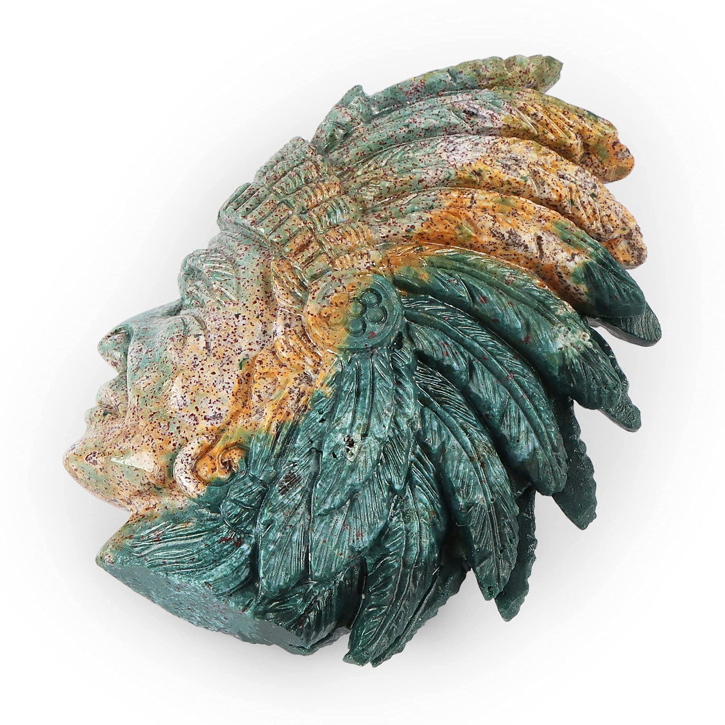 SMQ 3.3" Indian Head Bust Statue Ocean Jasper Crystal Stone Skull Ornaments Native American Indian Figurine for Diorama Gemstone Sculpture for Home Office Room Decor