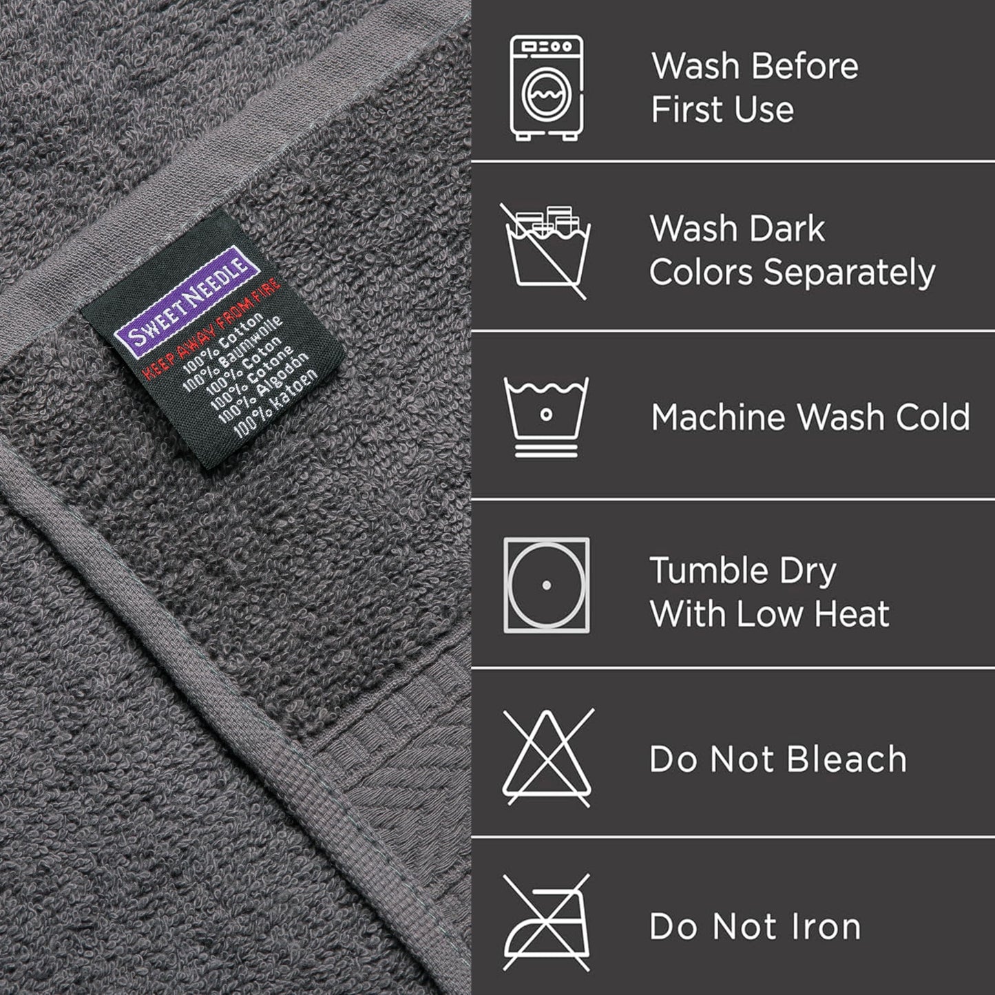 SweetNeedle 6 Piece Towel Set - 2 Bath Towels, 2 Hand Towels and 2 Washcloths Cotton Daily Use Hotel Spa Quality Soft Highly Absorbent Quick Dry Light Weight (Charcoal Grey)