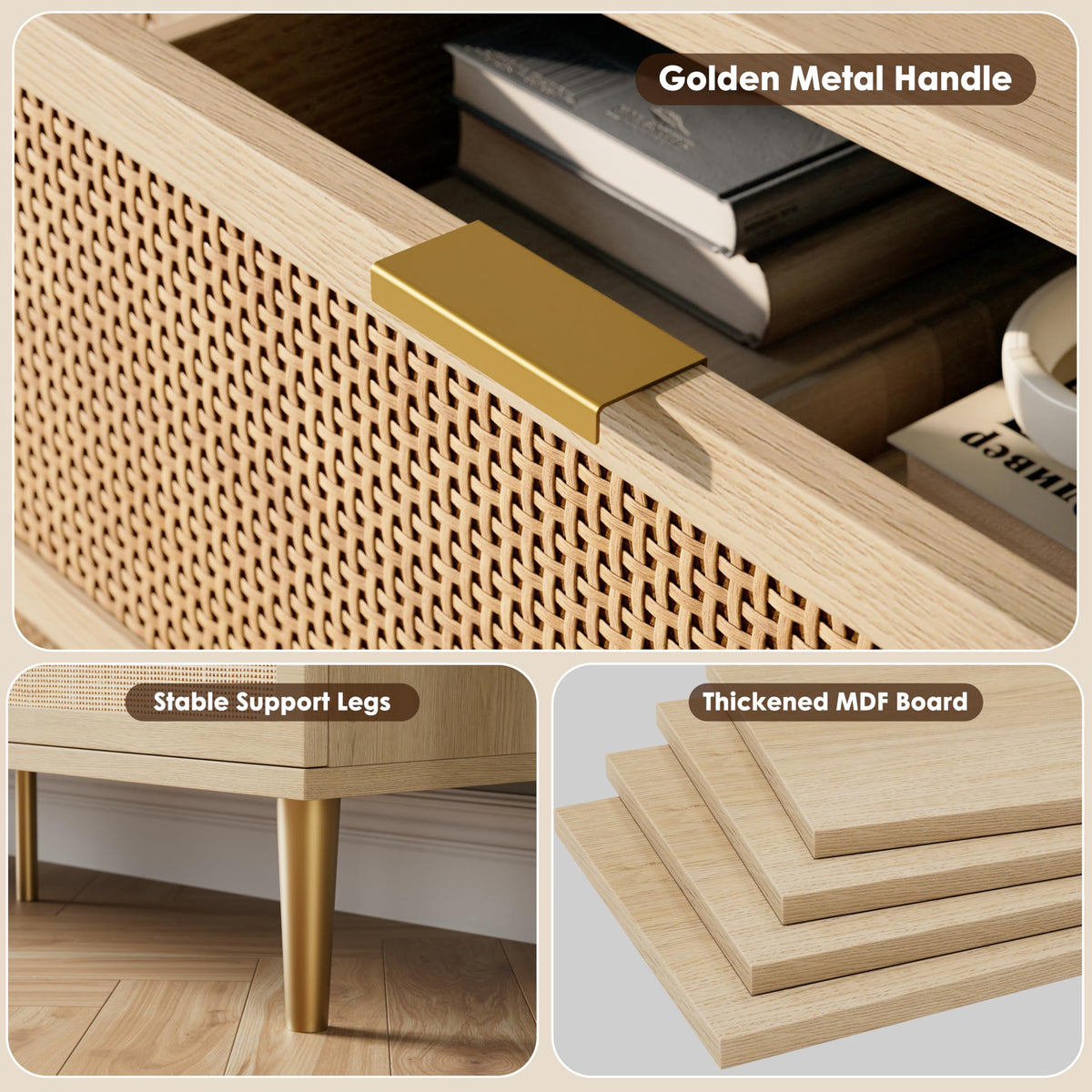 GarveeHome Rattan 6 Drawer Dresser for Bedroom, Large Double Dresser with Deep Drawers, Wooden Chest of Drawers for Closet with Wide Top, for Living Room, Hallway, Kids Room, Natural