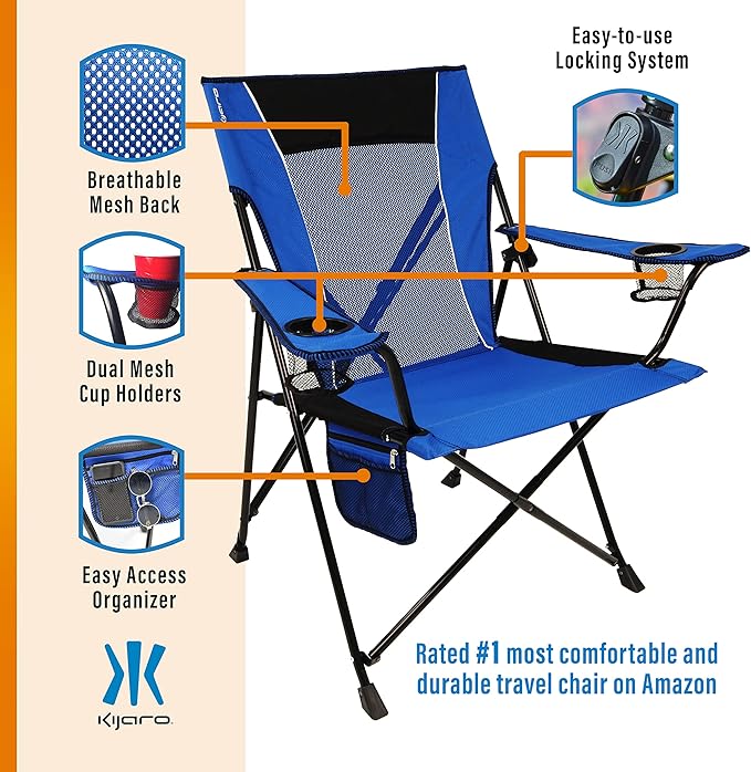 Kijaro Dual Lock Folding Camp Chairs - Versatile for Sports, Outdoors & Lawns - Locks Positions - Maldives Blue