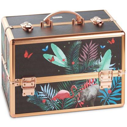 Beautify Make Up Vanity Case, Travel Jungle Print 3 Tier Makeup Box w/Extendable Trays, Spacious Storage & Removable Dividers to Create Compartments, Lockable Makeup Vanity Case for Professionals