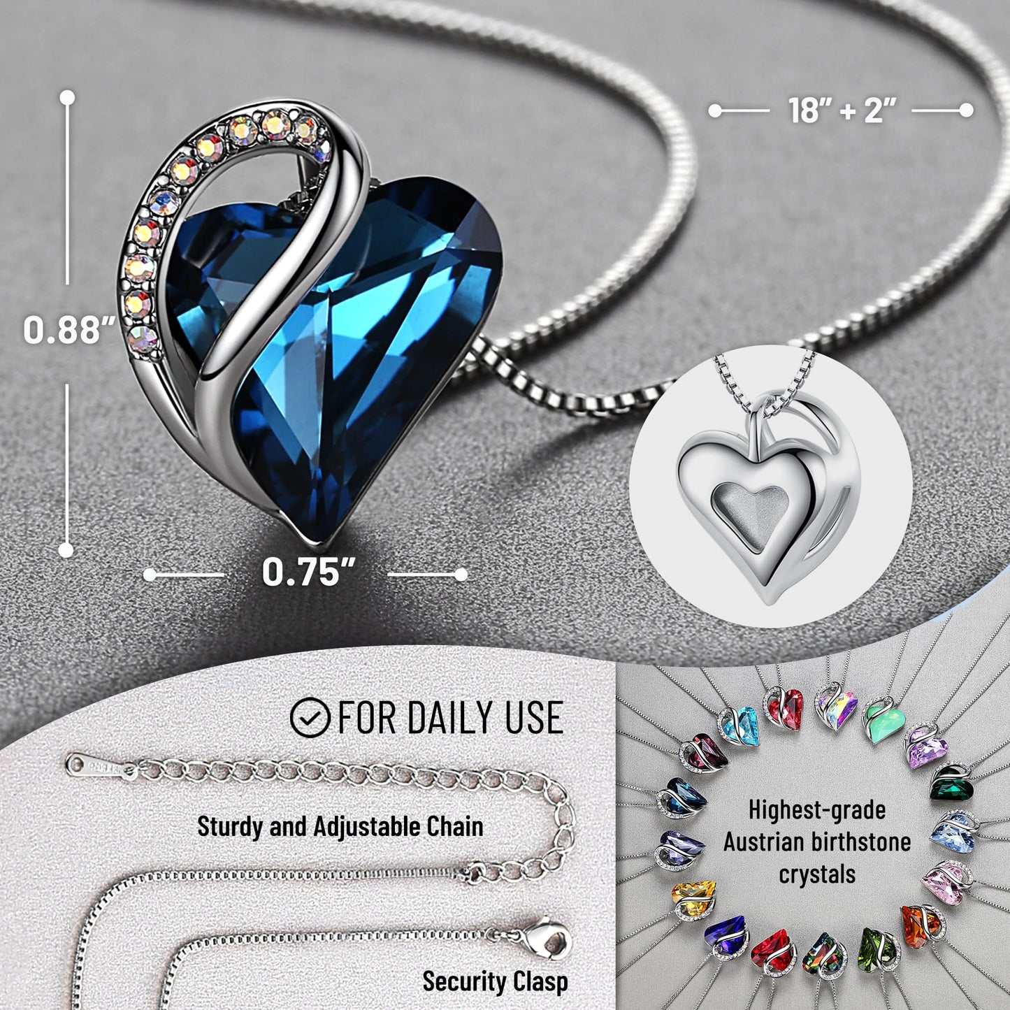 Leafael Valentine's Day Gift Necklaces for Women, Infinity Love Birthstone Heart Crystal Pendant, Birthday Anniversary Jewelry for Wife, Mom, and Her, Silver Plated, 18" + 2" Adjustable Chain