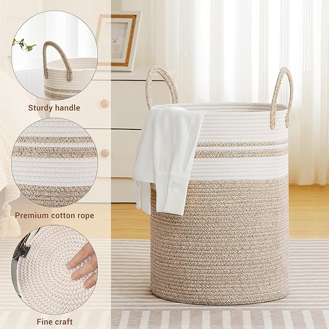 Tall Laundry Basket with Handles, 58L Portable Dirty Clothes Hamper, Boho