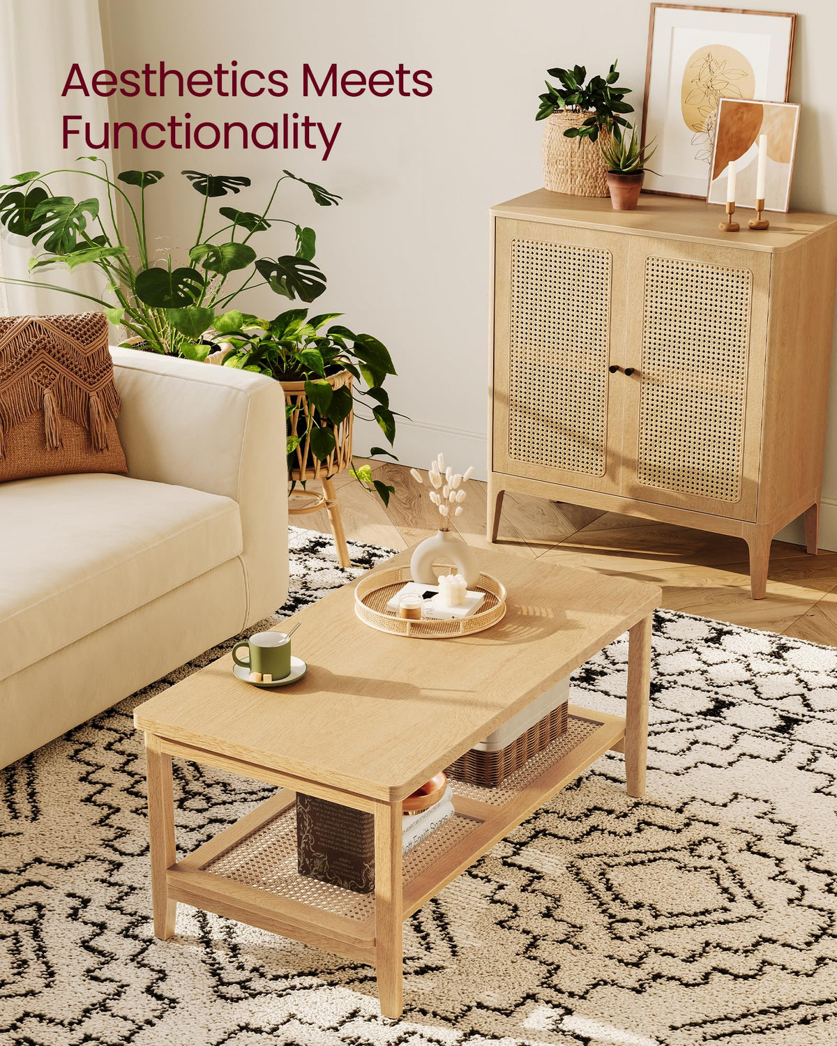 VASAGLE 2-Tier Coffee Table for Living Room, Rectangular Living Room Table, with PVC Rattan Storage Shelf, Rounded Corners, Easy Assembly, Boho Style, 21.7 x 39.4 x 17.7 Inches, Oak Beige ULCT240Y57