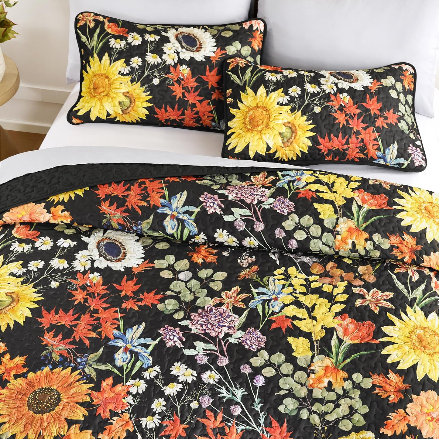 Yiran Quilt King Size, Black Yellow Floral Bedspreads Bedding Set, 3 Pieces Spring Summer Soft Lightweight Microfiber Coverlet with 2 Pillow Shams for All Season 106x90 Inch