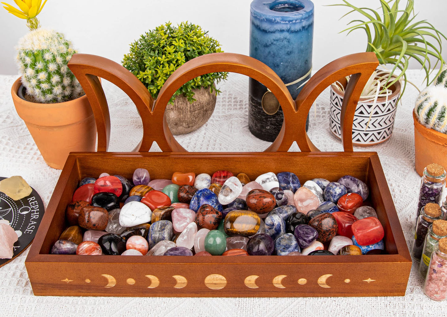 Moon Tray Crystal Holder Set, Wood Moon Phase Crystal Tray for Stones Display with Brown Tarot Card Holder, Witchcraft Crystal Organizer Bowl, Wiccan Altar Supplies