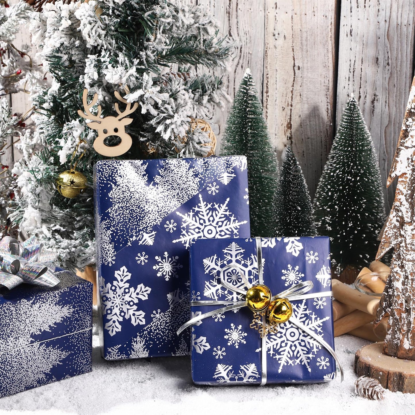 LeZakaa Christmas Wrapping Paper Bundle -Mini Roll with Bow, Ribbon, Sticker, Gift Tag -Navy with Silver Foil Design with Snowy Woodland Scenes/Snowflake/Tree-17x120 inches-3 Rolls (42.5sq.ft.ttl.)