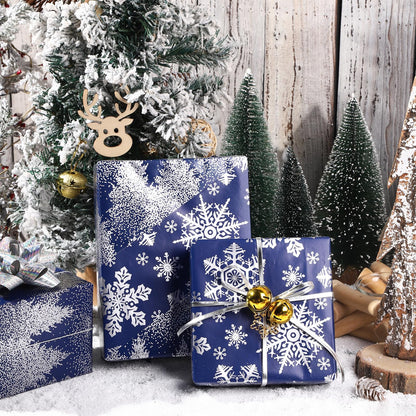 LeZakaa Christmas Wrapping Paper Bundle -Mini Roll with Bow, Ribbon, Sticker, Gift Tag -Navy with Silver Foil Design with Snowy Woodland Scenes/Snowflake/Tree-17x120 inches-3 Rolls (42.5sq.ft.ttl.)