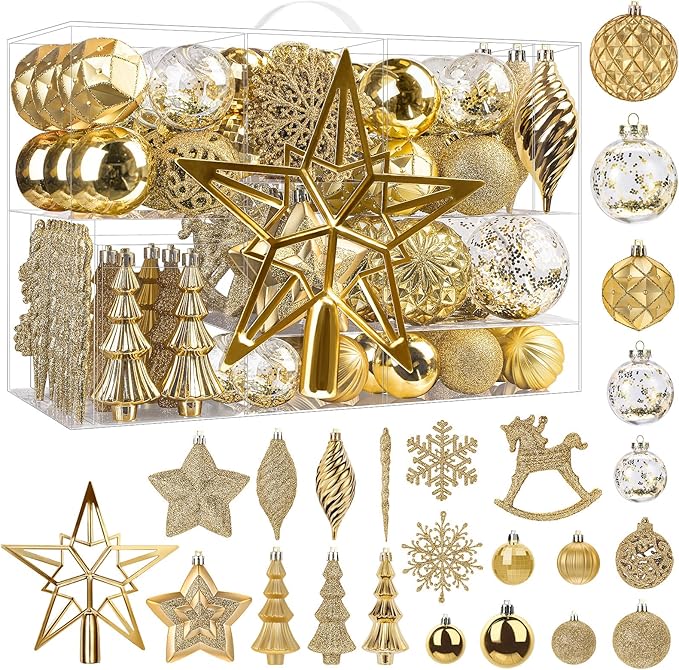 SHareconn 100pcs Christmas Tree Decorations Ornaments Set, Shatterproof Plastic Baubles Decorative Balls for Xmas Tree Decor Holiday Wedding Party, Gold