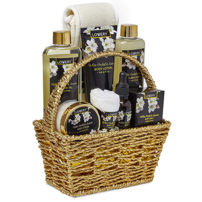Christmas Gift Baskets for women Mom Christmas Gifts, Bath and Body Spa Set– Orchid & Jasmine Home Spa Set With Body Scrubs, Lotions, Oils, Gels and More - Care Package for Women & Men - 9 Piece Set