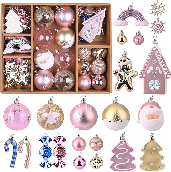 Alupssuc 65pcs Christmas Balls Ornaments Set, Shatterproof Plastic Baubles Gold Gingerbread House, and Tree Topper for Xmas Tree Holiday Wedding Party Decorations with Hanging Strings, Macaron Pink