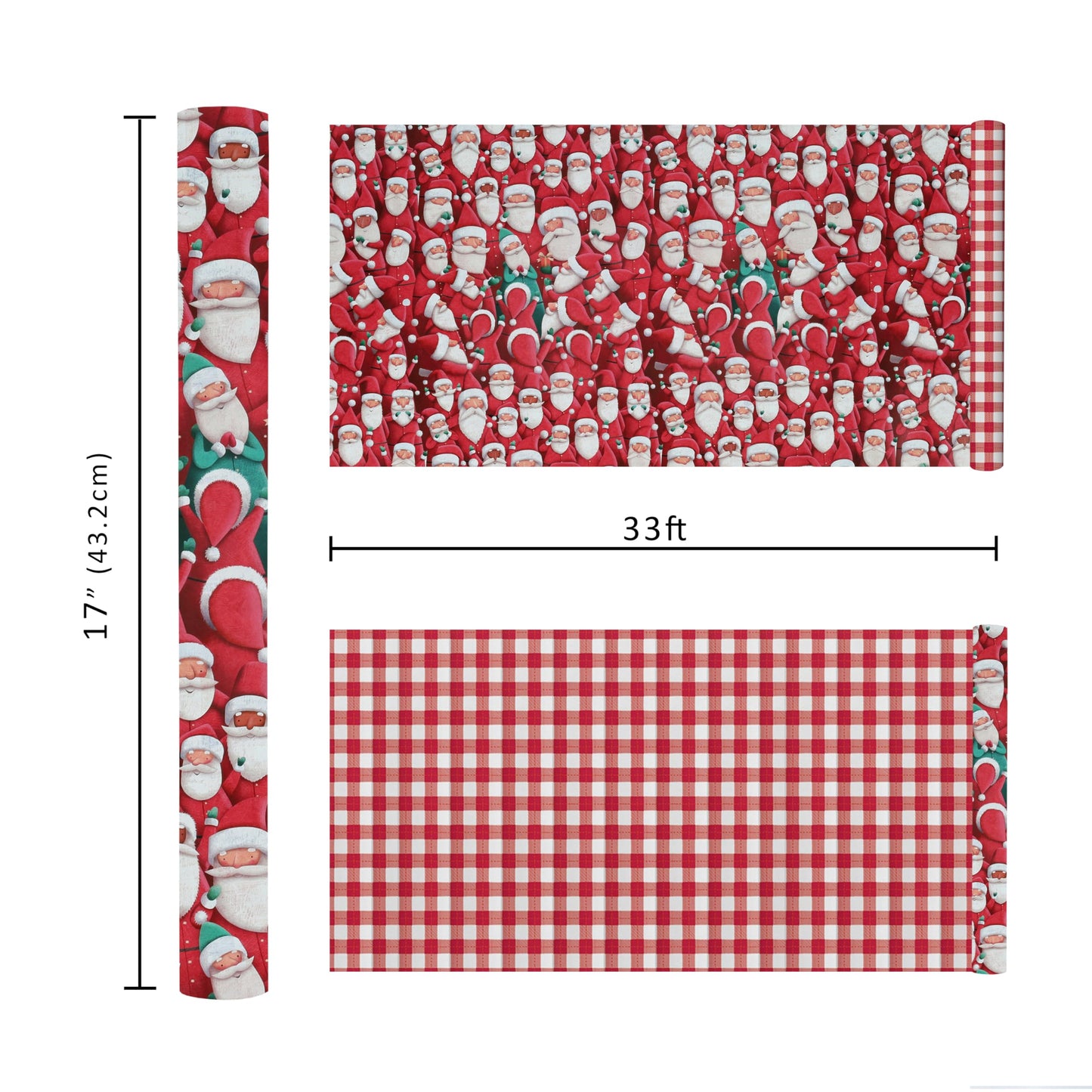 BIOBROWN Reversible Christmas Wrapping Paper - 17 Inch X 33 Feet (46.7 sq. ft. ttl.) - Joyful Santa Design Perfect for Xmas, Party, Holiday Gift Wrap