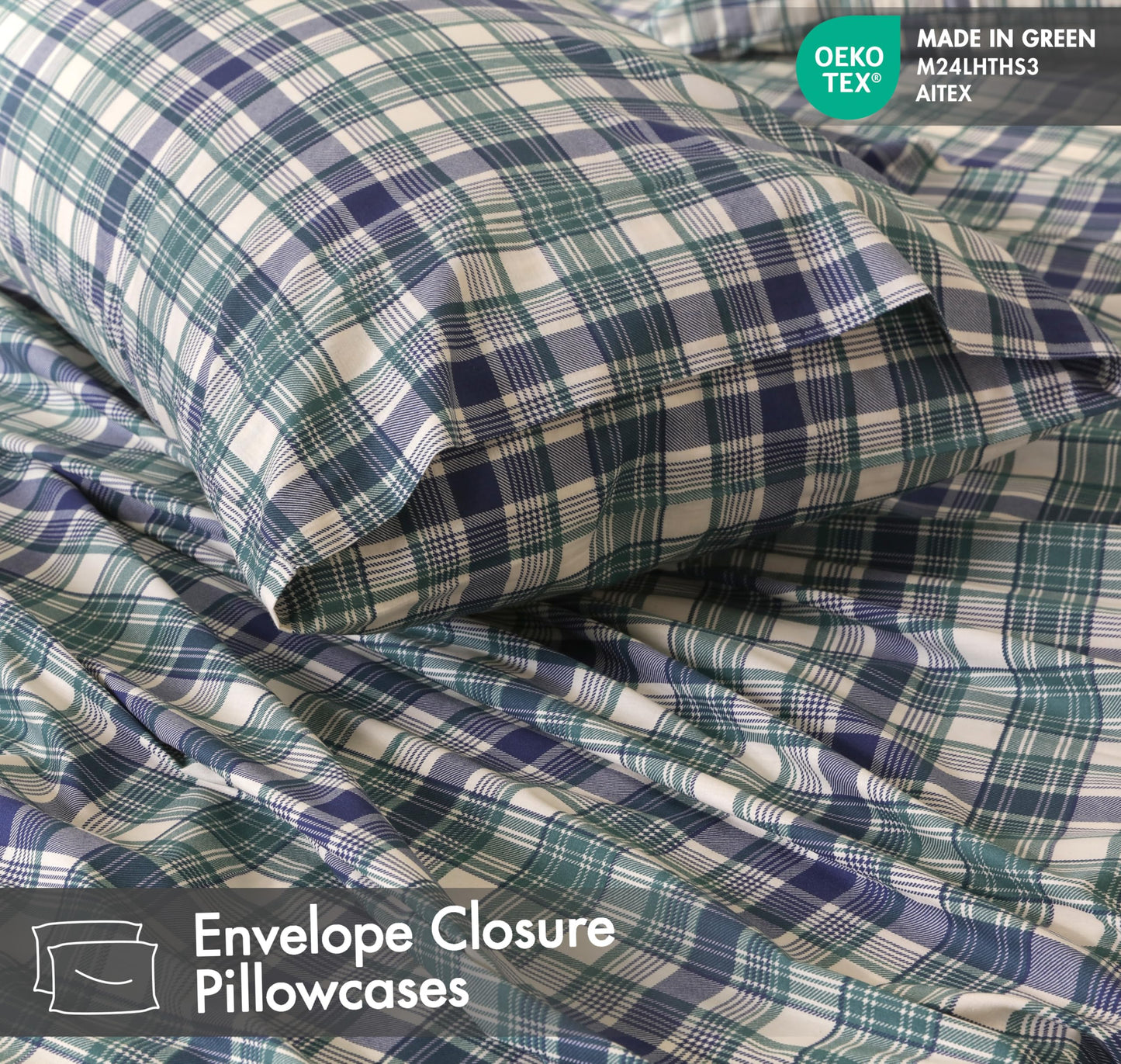 RUVANTI 100% Cotton Percale Sheets Queen Size, Greenish Blue Plaid