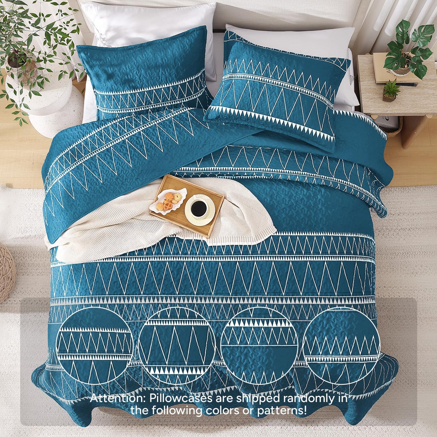 Andency Teal California King Quilt Set, 3 Pieces Boho Lightweight Soft Striped Cal King Bedspread for All Season (112"x104"), Printed Bohemian Polyester Reversible Coverlet Comforter Sets