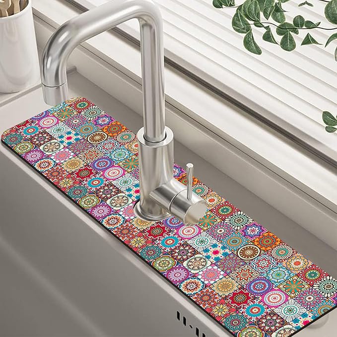 Faucet Draining Mat For Kitchen Sink Mexican Tiles Diatom Mud Absorbent Drain