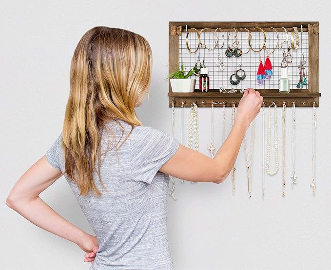 Rustic Jewelry Organizer with Bracelet Rod Wall Mounted