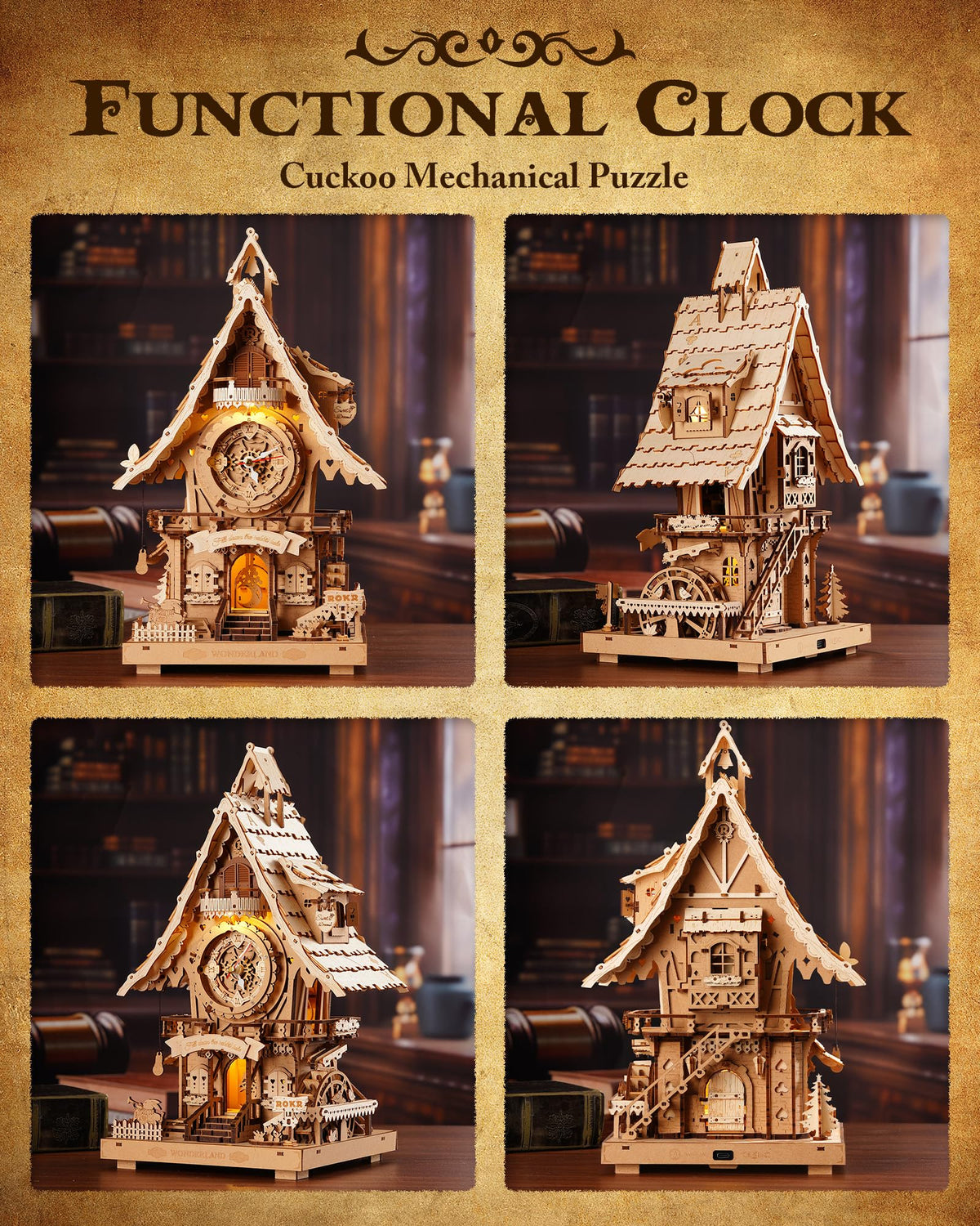 ROKR 3D Wooden Puzzles for Adults,Wooden Cuckoo Clock Model kit,435 Piece 3D Puzzles,Ideal Gift for Adults and Teens